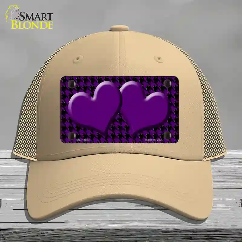 Purple Black Houndstooth Purple Center Hearts Novelty License Plate Hat Mesh / Khaki