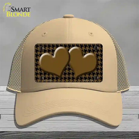 Brown Black Houndstooth Brown Center Hearts Novelty License Plate Hat Mesh / Khaki