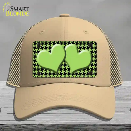 Lime Green Black Houndstooth Lime Green Center Hearts Novelty License Plate Hat Mesh / Khaki