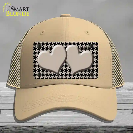 Tan Black Houndstooth Tan Center Hearts Novelty License Plate Hat Mesh / Khaki