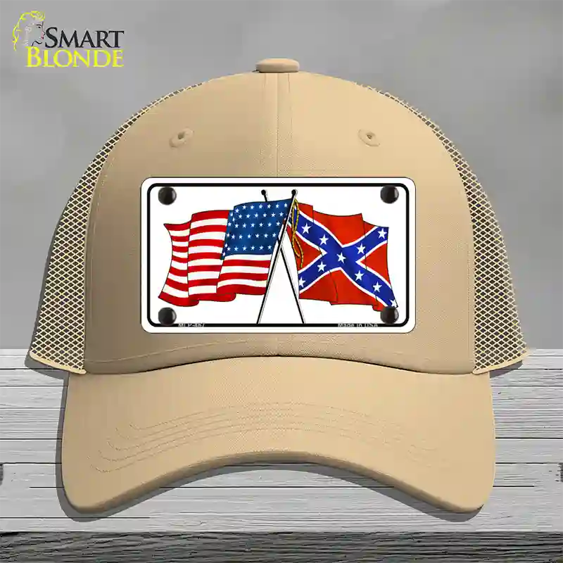 Confederate USA Crossed Flags Novelty License Plate Hat Mesh / Khaki