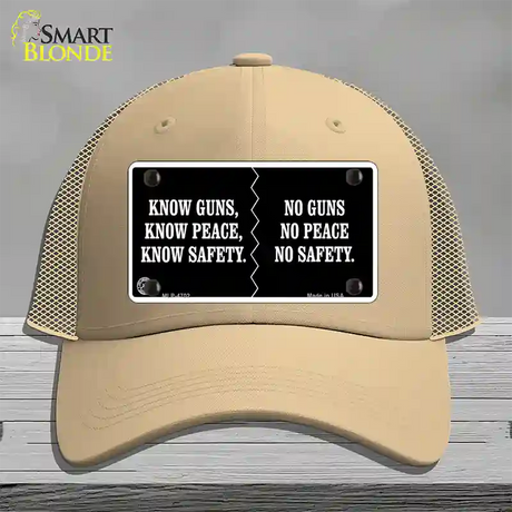 Know Guns, Know Peace, Know Safety Novelty License Plate Hat Mesh / Khaki