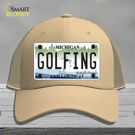 Golfing Michigan State Novelty License Plate Hat Mesh / Khaki