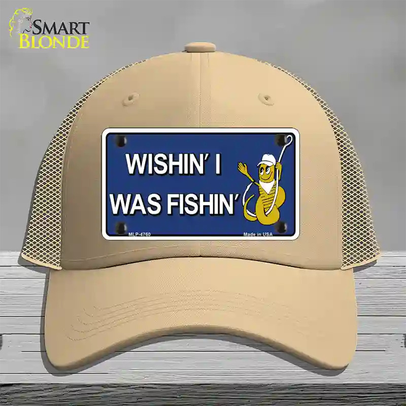 Wishin I Was Fishin Blue Novelty License Plate Hat Mesh / Khaki