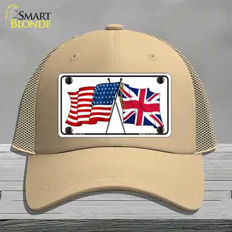 United States Britain Crossed Flags Novelty License Plate Hat Mesh / Khaki