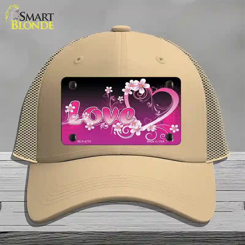 Love Heart And Flowers Novelty License Plate Hat Mesh / Khaki