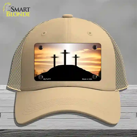 Three Crosses Sunset Novelty License Plate Hat Mesh / Khaki