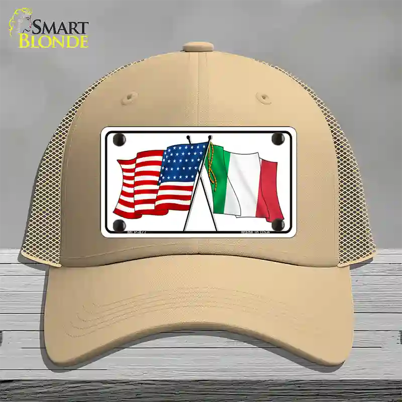 United States Italy Crossed Flags Novelty License Plate Hat Mesh / Khaki