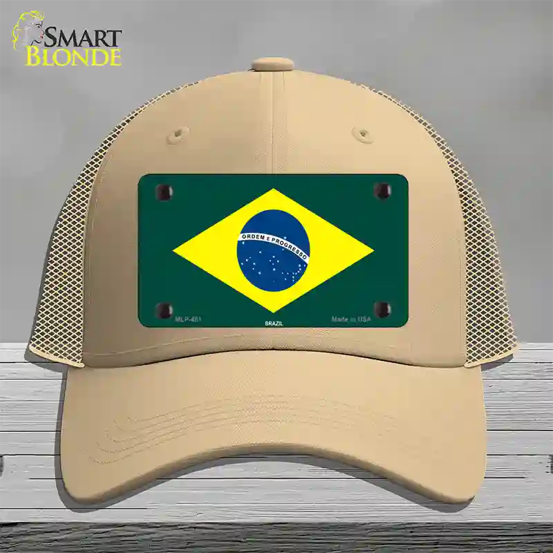 Brazil Flag Novelty License Plate Hat Mesh / Khaki