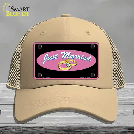 Just Married Novelty License Plate Hat Mesh / Khaki