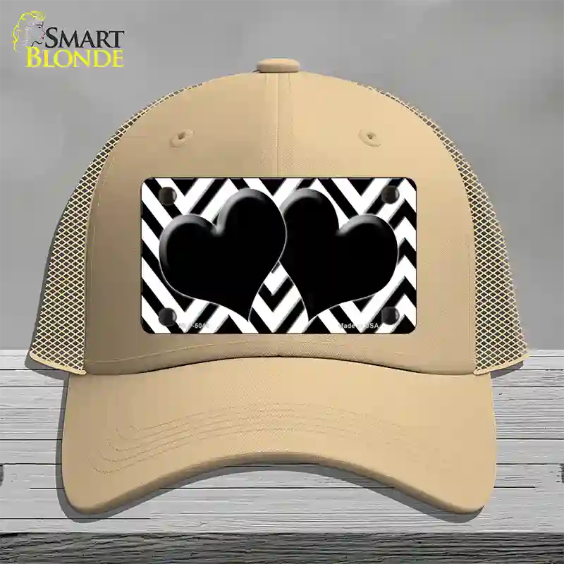 White Black Chevon Hearts Novelty License Plate Hat Mesh / Khaki