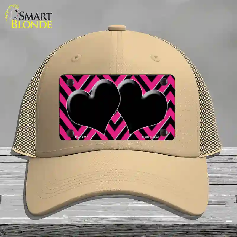 Pink Black Chevon Hearts Novelty License Plate Hat Mesh / Khaki