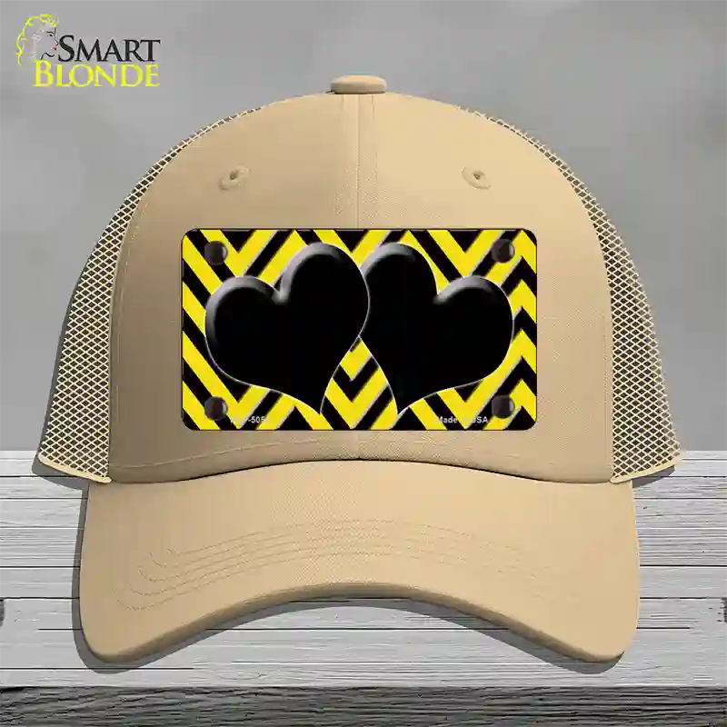 Yellow Black Chevon Hearts Novelty License Plate Hat Mesh / Khaki