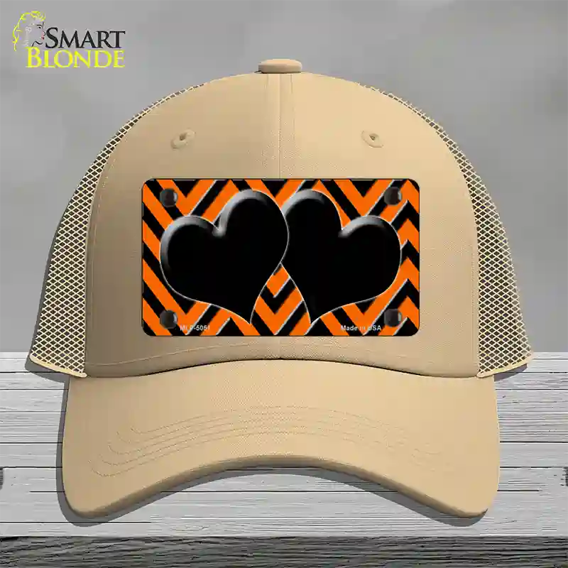 Orange Black Chevon Hearts Novelty License Plate Hat Mesh / Khaki