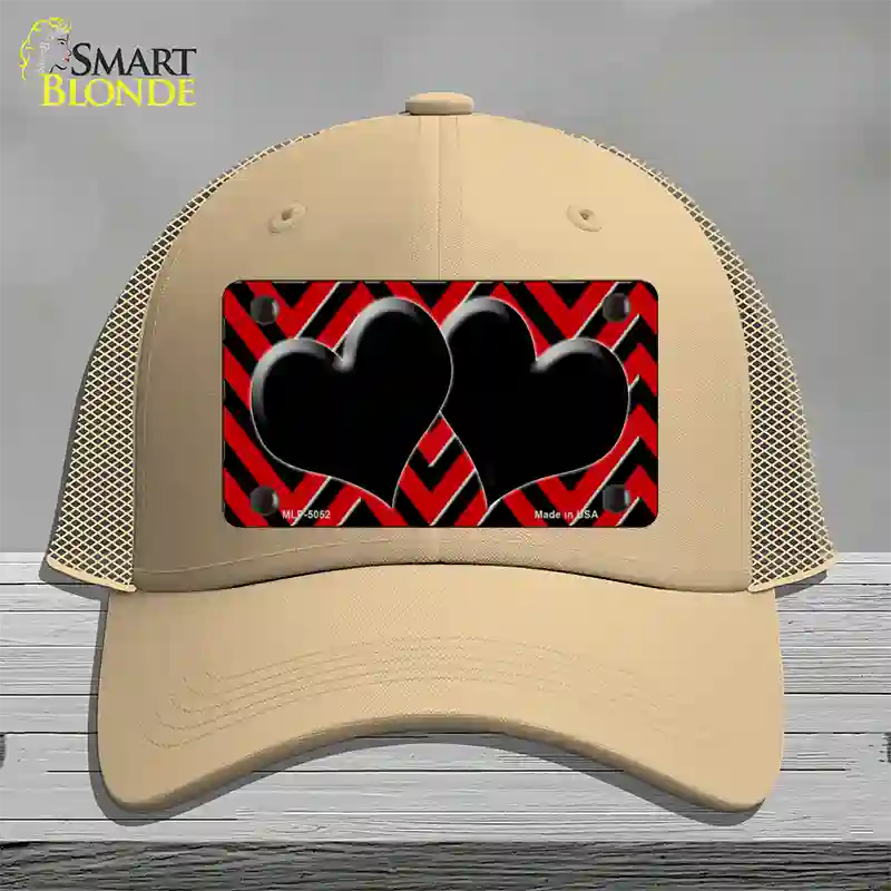 Red Black Chevon Hearts Novelty License Plate Hat Mesh / Khaki