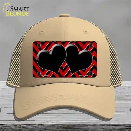 Red Black Chevon Hearts Novelty License Plate Hat Mesh / Khaki