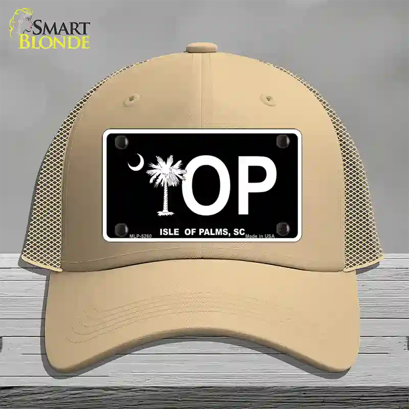 IOP Isle of Palms Black Novelty License Plate Hat Mesh / Khaki