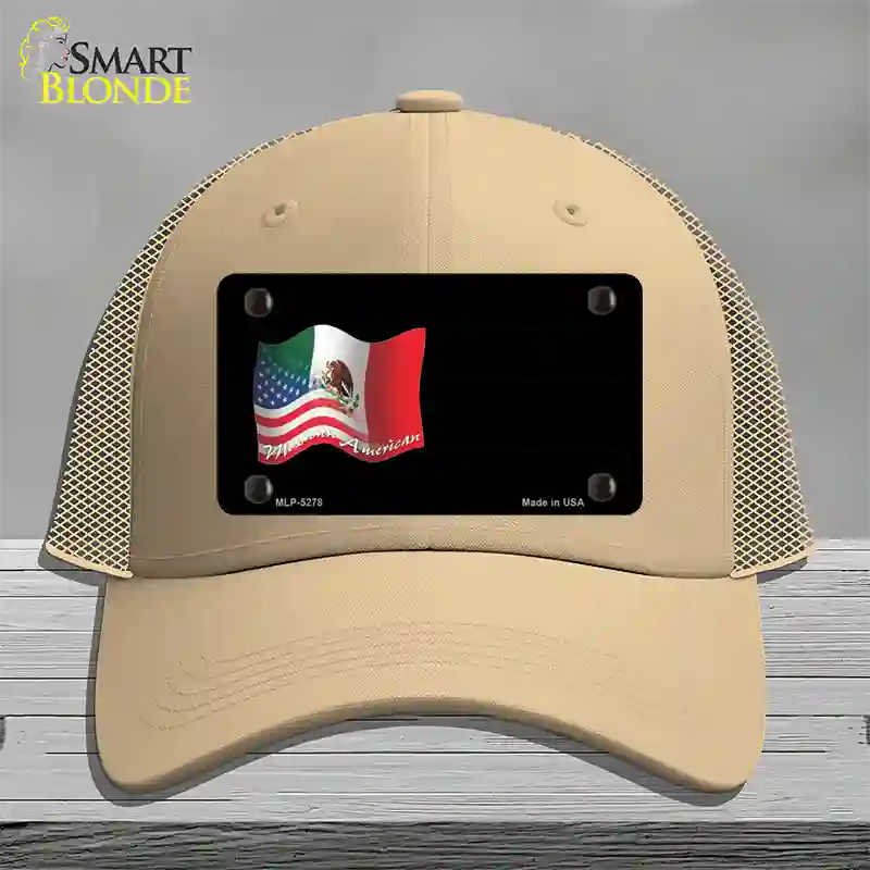 Mexican American Flag Offset Novelty License Plate Hat Mesh / Khaki