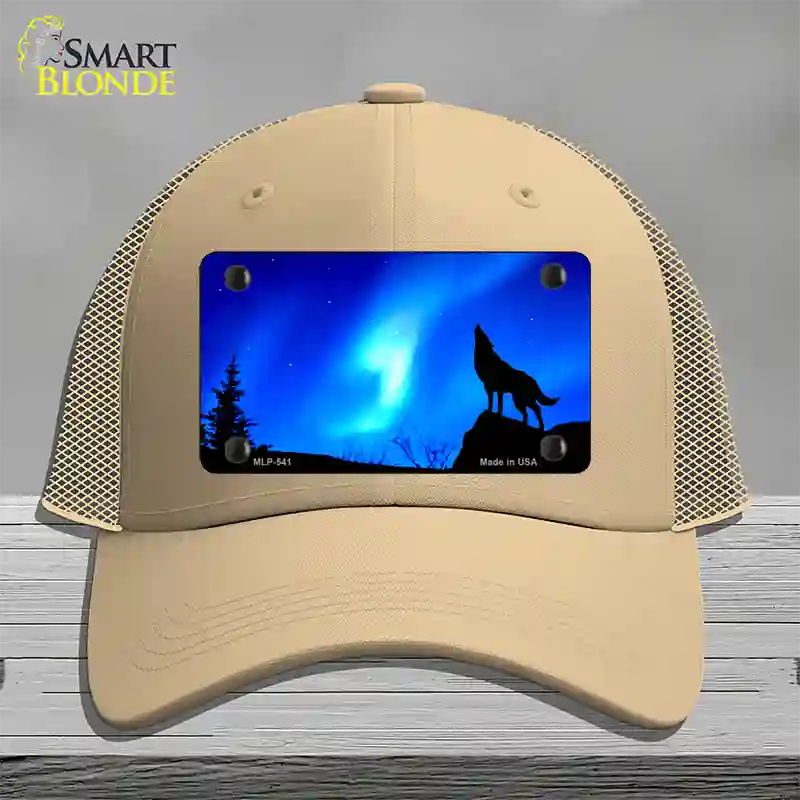 Wolf Howling Novelty License Plate Hat Mesh / Khaki