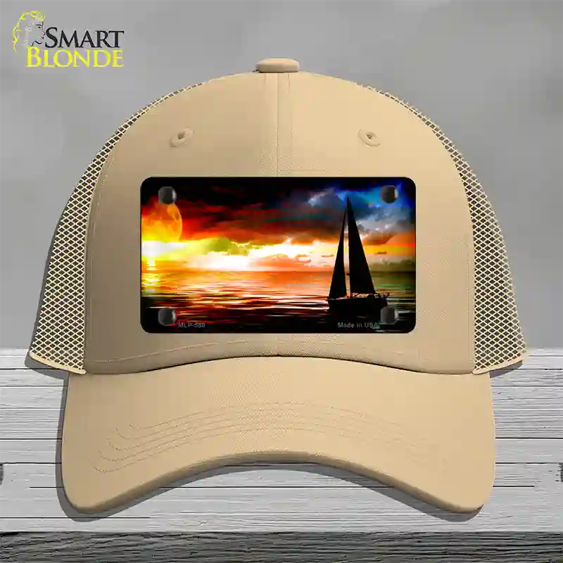 Sailboat Novelty License Plate Hat Mesh / Khaki