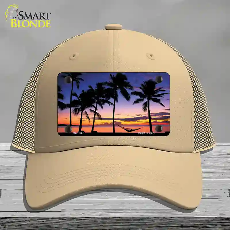 Sunset Hammock Novelty License Plate Hat Mesh / Khaki