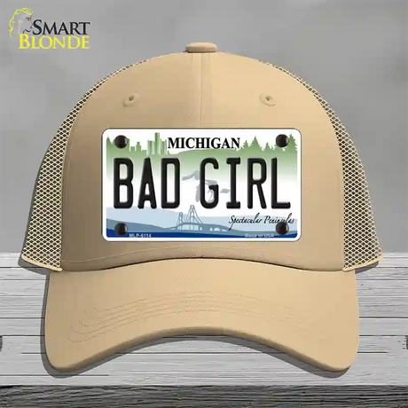 Bad Girl Michigan Novelty License Plate Hat Mesh / Khaki