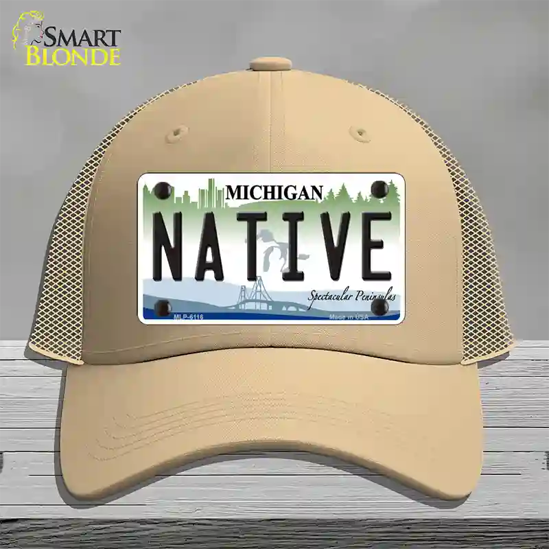 Native Michigan Novelty License Plate Hat Mesh / Khaki