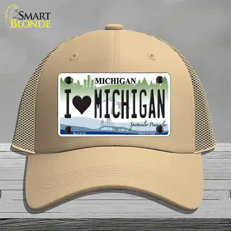 I Love Michigan Novelty License Plate Hat Mesh / Khaki