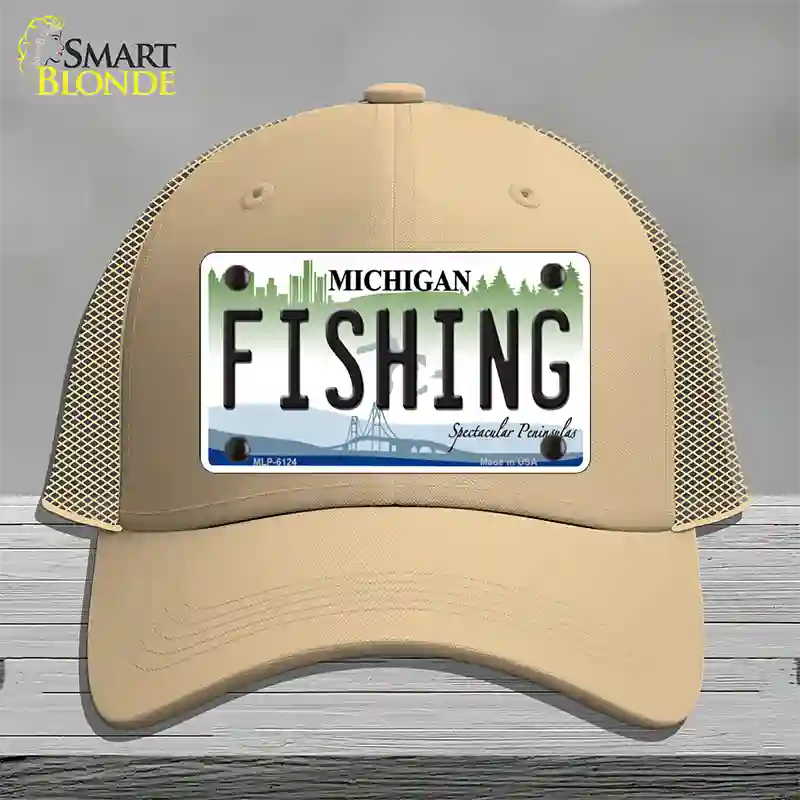 Fishing Michigan Novelty License Plate Hat Mesh / Khaki