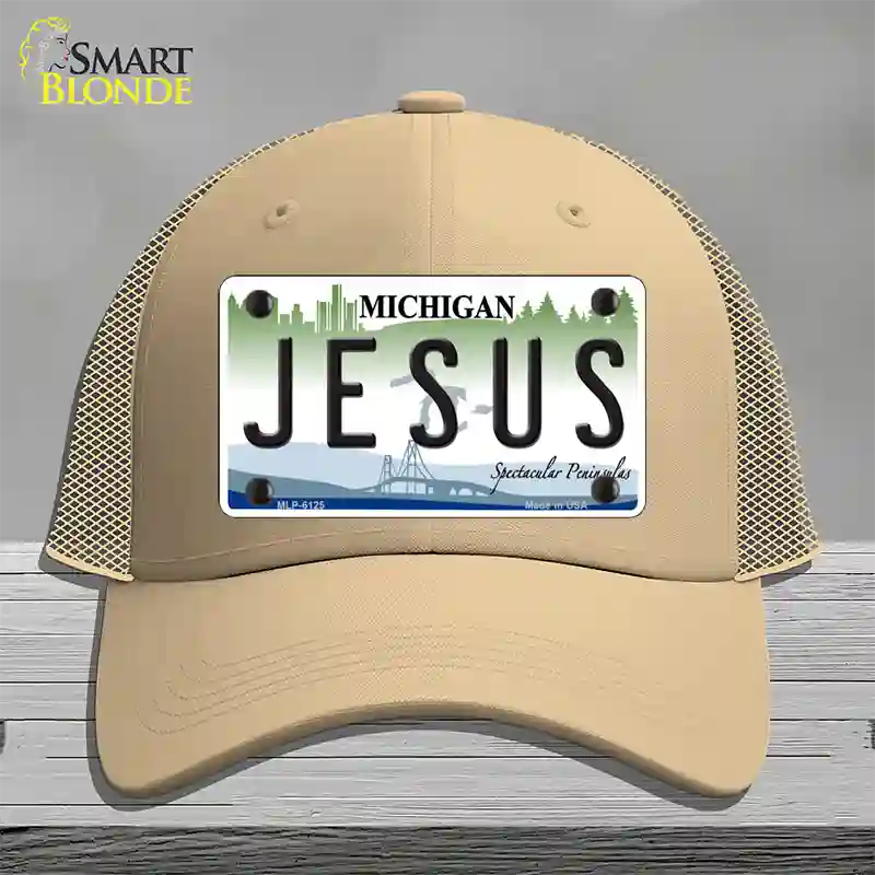 Jesus Michigan Novelty License Plate Hat Mesh / Khaki