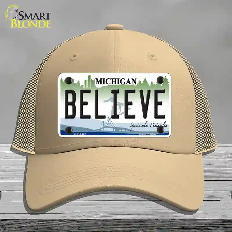 Believe Michigan Novelty License Plate Hat Mesh / Khaki