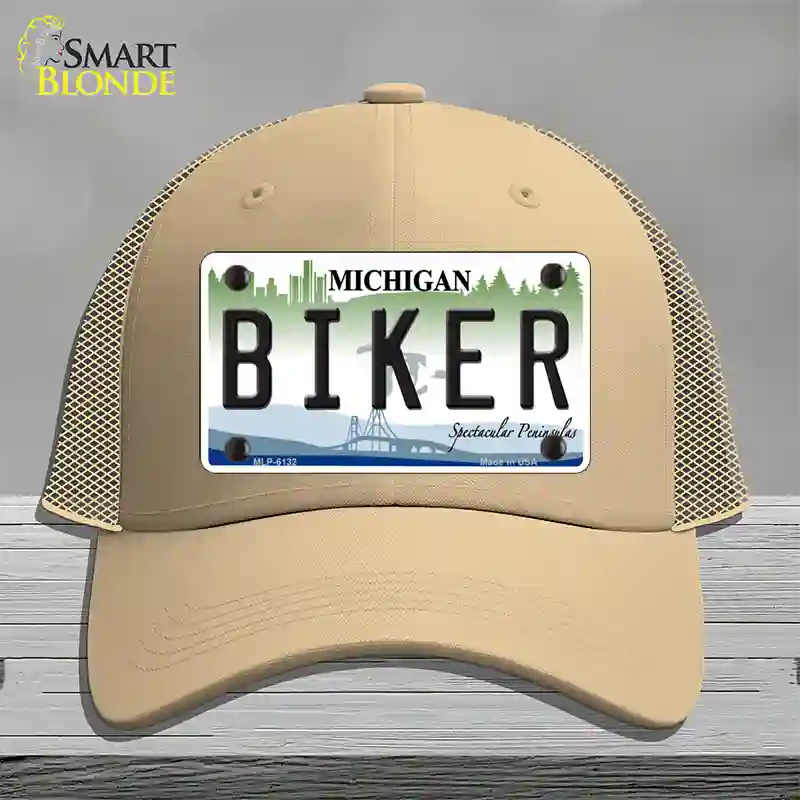 Biker Michigan Novelty License Plate Hat Mesh / Khaki