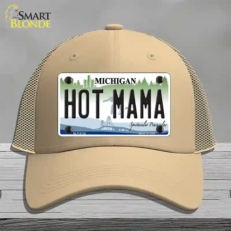 Hot Mama Michigan Novelty License Plate Hat Mesh / Khaki