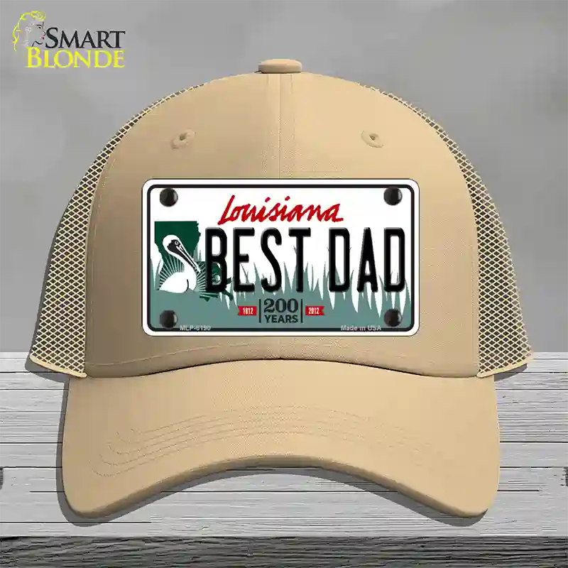 Best Dad Louisiana Novelty License Plate Hat Mesh / Khaki