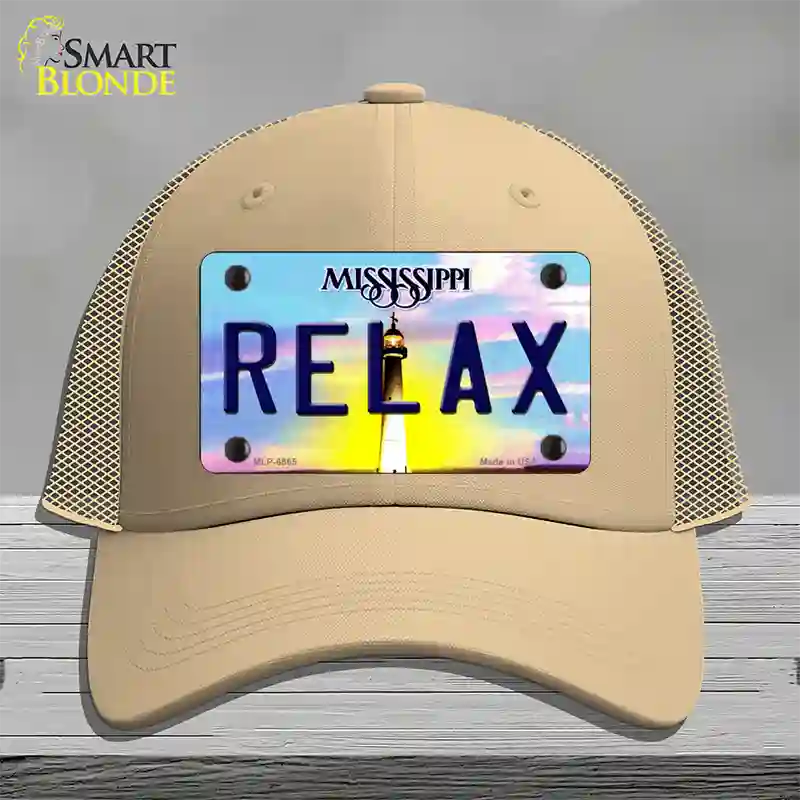 Relax Mississippi Novelty License Plate Hat Mesh / Khaki