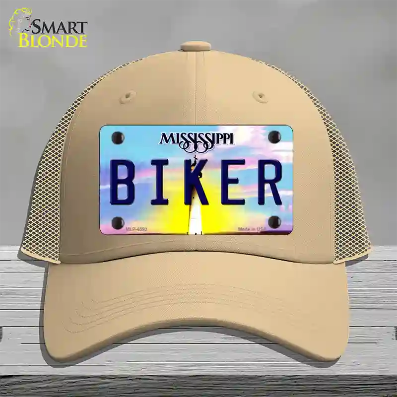 Biker Mississippi Novelty License Plate Hat Mesh / Khaki