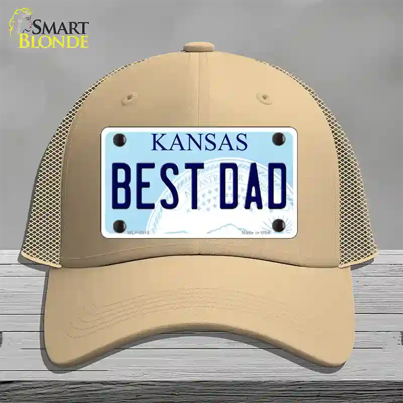 Best Dad Kansas Novelty License Plate Hat Mesh / Khaki