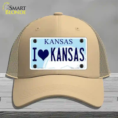 I Love Kansas Novelty License Plate Hat Mesh / Khaki