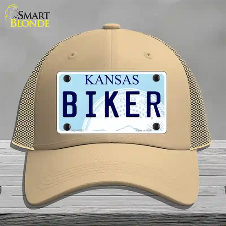 Biker Kansas Novelty License Plate Hat Mesh / Khaki