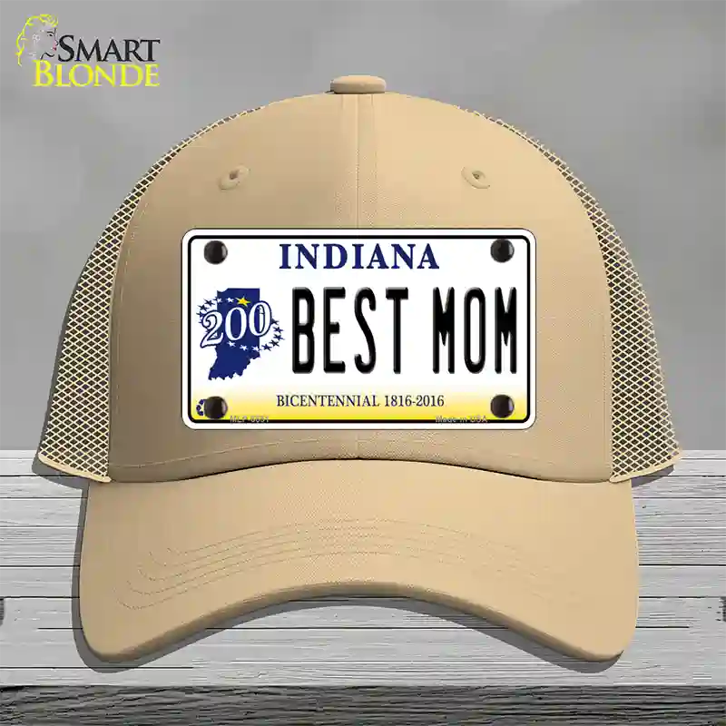 Best Mom Indiana Novelty License Plate Hat Mesh / Khaki