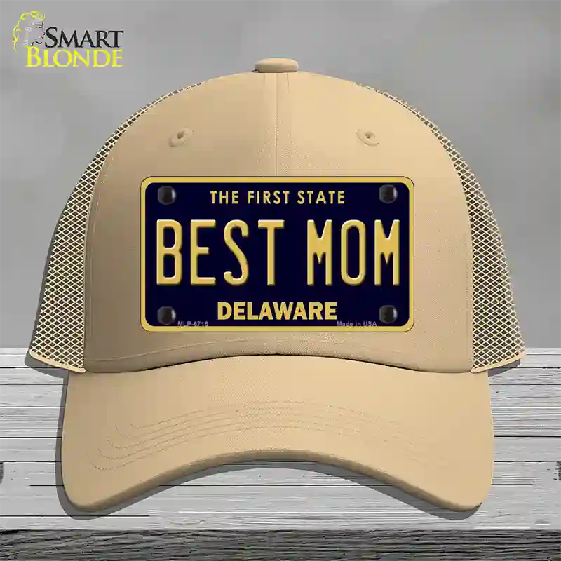 Best Mom Delaware Novelty License Plate Hat Mesh / Khaki