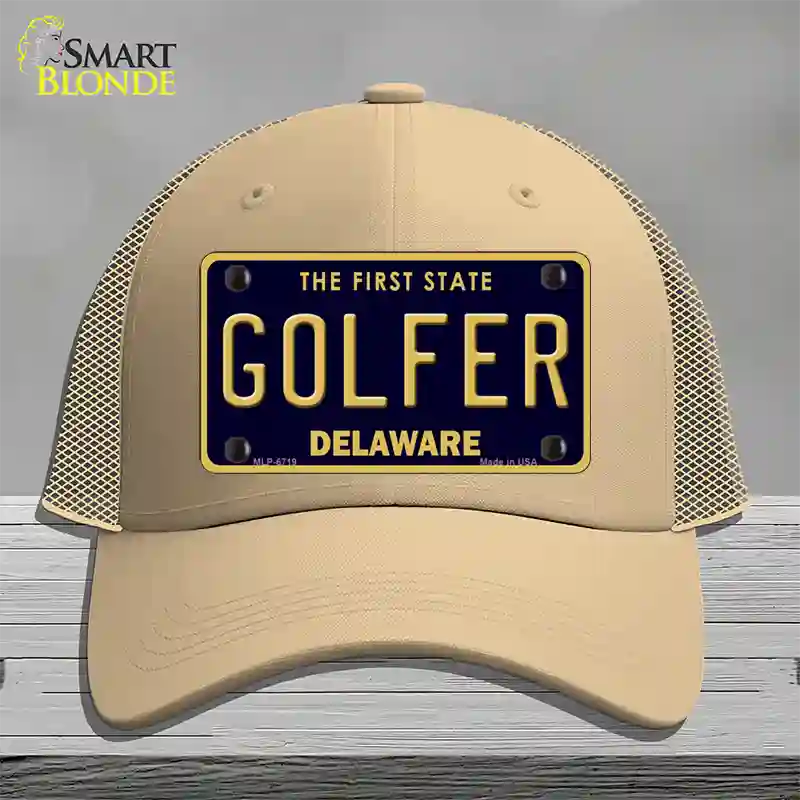 Golfer Delaware Novelty License Plate Hat Mesh / Khaki