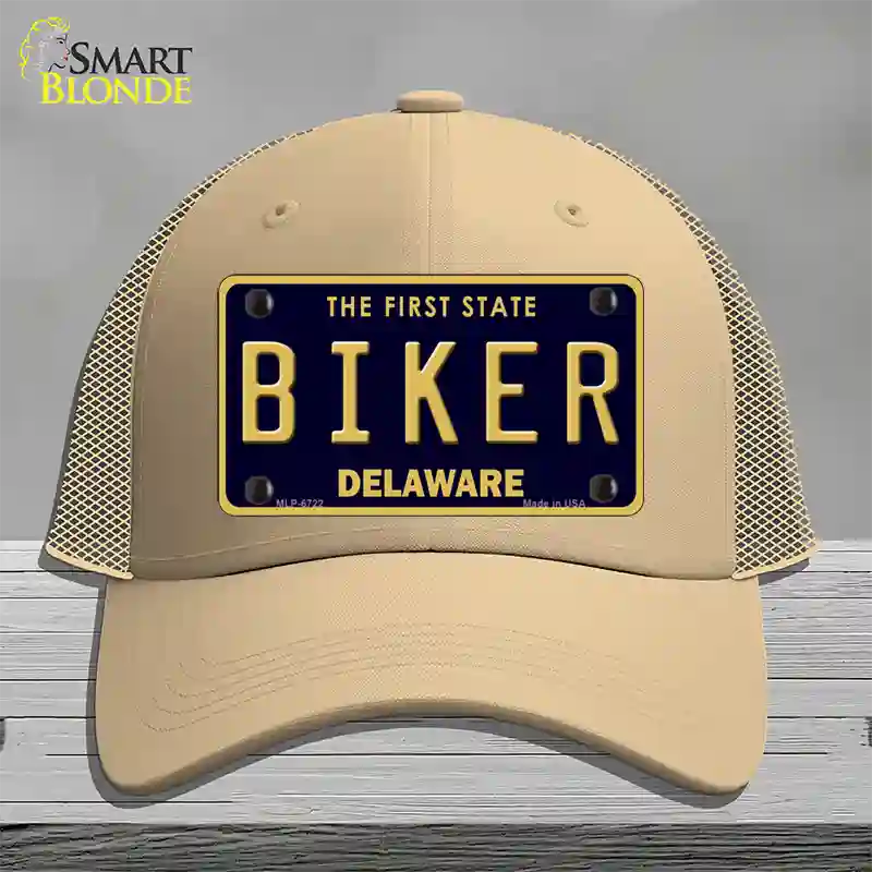 Biker Delaware Novelty License Plate Hat Mesh / Khaki