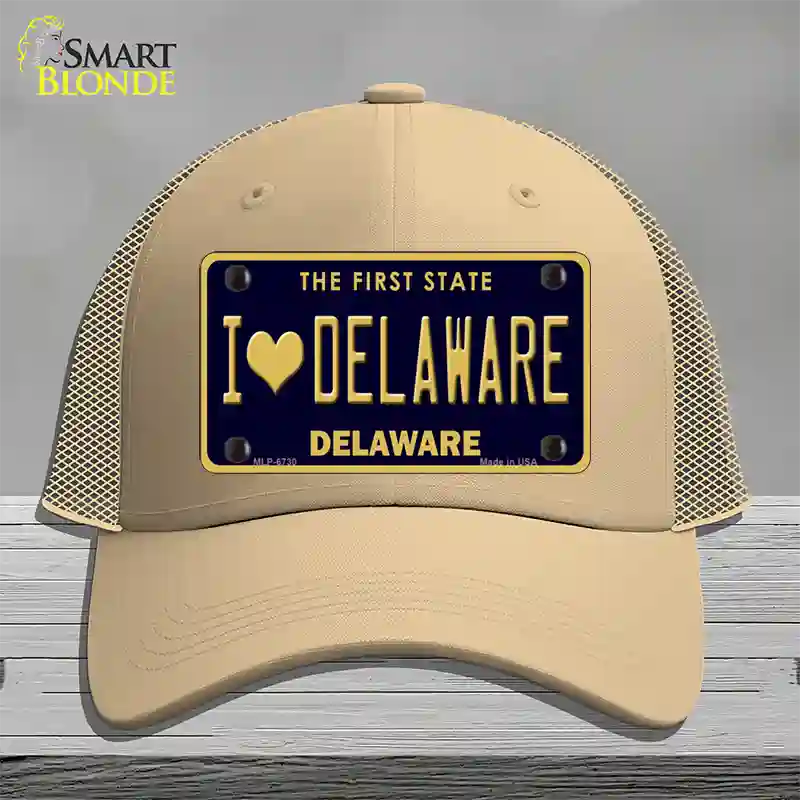 I Love Delaware Novelty License Plate Hat Mesh / Khaki