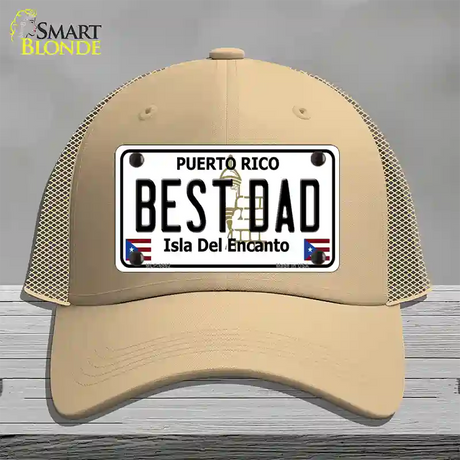 Best Dad Puerto Rico Novelty License Plate Hat Mesh / Khaki