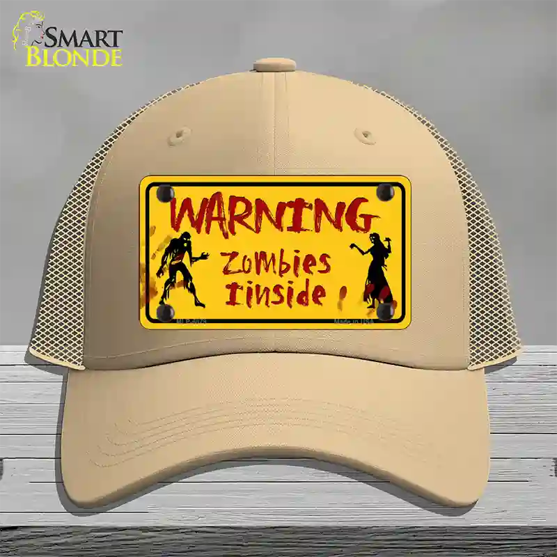 Warning Zombies Inside Novelty License Plate Hat Mesh / Khaki