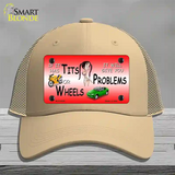 Tits Or Wheels Red Novelty License Plate Hat Mesh / Khaki