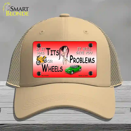 Tits Or Wheels Red Novelty License Plate Hat Mesh / Khaki