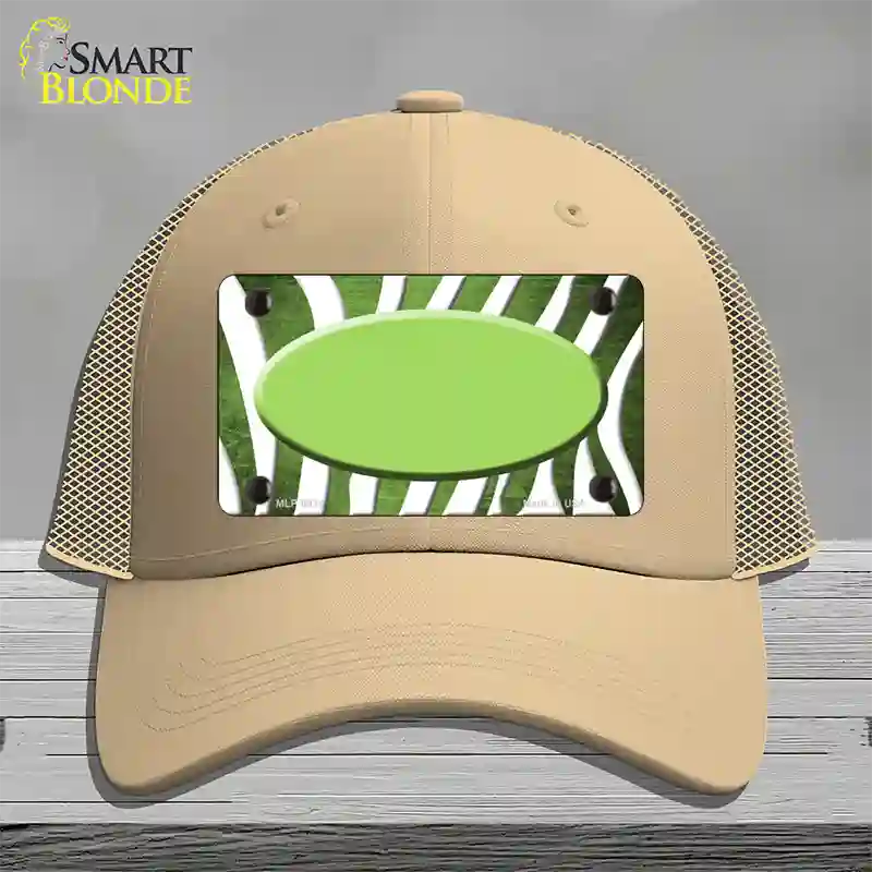 Lime Green White Zebra Oval Oil Rubbed Novelty License Plate Hat Mesh / Khaki