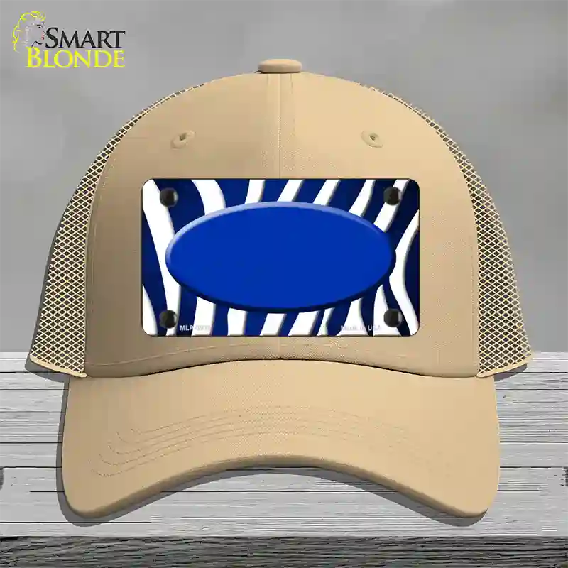 Blue White Zebra Oval Oil Rubbed Novelty License Plate Hat Mesh / Khaki